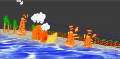 Windmills, trees, shells and the orange object in 2d 3d00.